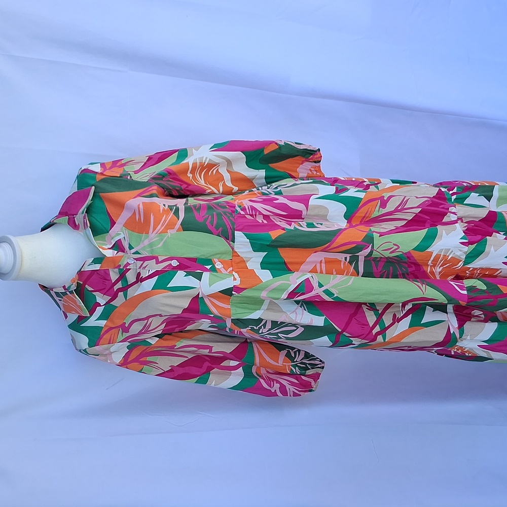 Leslie Fay 3/4 Bubble Slevees Tier Shirt Dress Tropical Cotton 4 Green Pink
